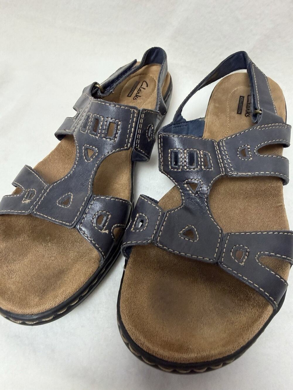 Clarks Women's Slingback Sandals Navy Blue T-Strap Leisa Annual Size 10W